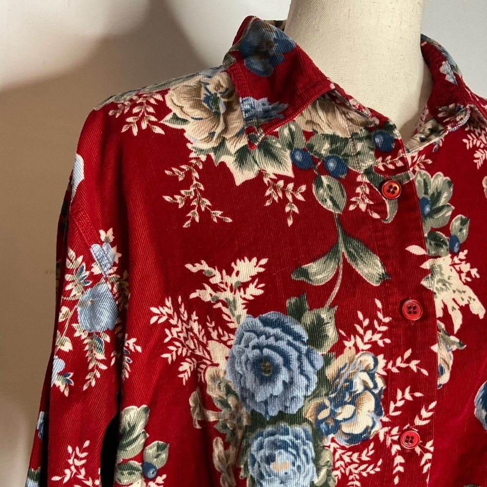 Cabincreek Vintage Red Corduroy Floral Collar Button Up Long Sleeve Shirt Large